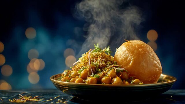 Delicious Steaming Indian Chole Bhature Dish Served on a Golden Plate in a Festive Setting.