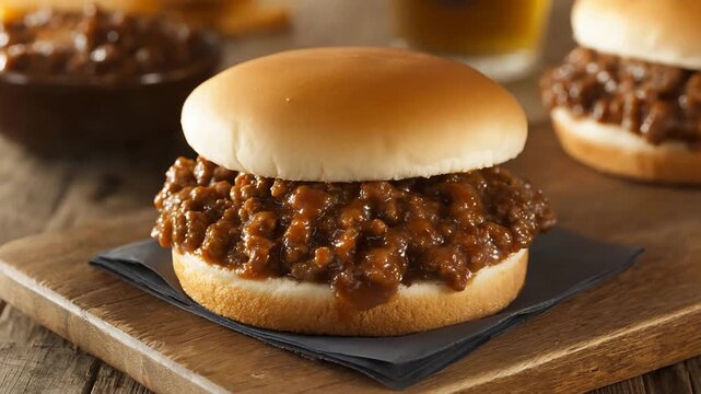 Delicious Homemade Sloppy Joe Sandwiches Served on Rustic Wooden Board for Comfort Food Meal.