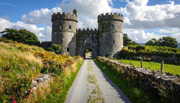 A stone structure with two towers guarding an arched entrance; a paved road leads through it. Lush green fields surround the building