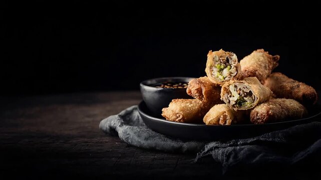 Delicious Crispy Deep Fried Egg Rolls with Savory Dipping Sauce on a Dark Rustic Table.