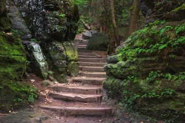 Obraz premium Natural landscape - view of stairs between rocks on a mountain path in Saxon Switzerland, Germany