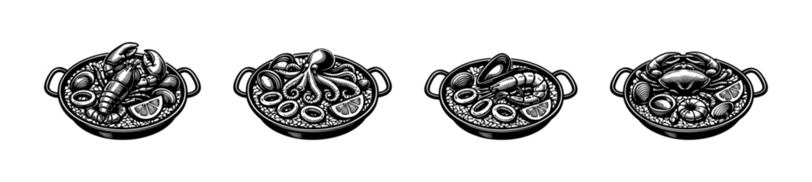 Black and white vector of seafood dishes with crab lobster and octopus illustrations