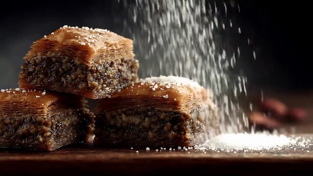 Golden Brown Delicious Baklava Dessert with Sugar Gently Falling for a Sweet Culinary Treat.