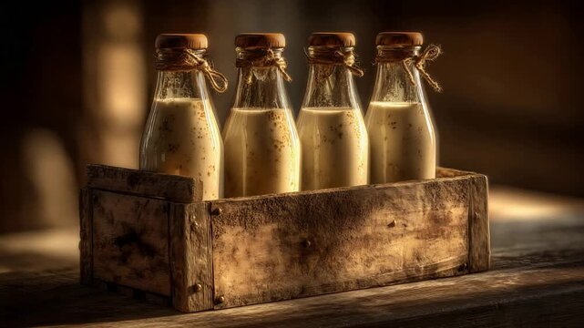 Artisanal Plant Based Milk Bottles Displayed in Rustic Wooden Box with Twine.