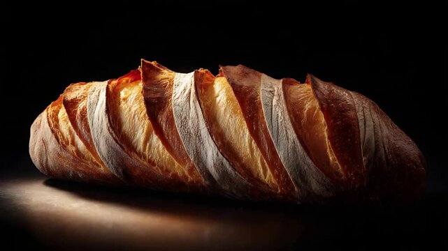 Freshly Baked Artisanal Bread Loaf with Golden Crust on Dark Background Ready for Serving.