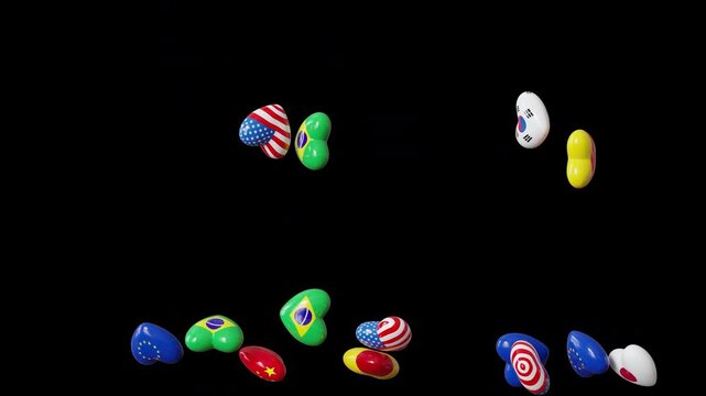 Seamless loop animation of heart icons decorated with international country flags pouring down and filling the frame on alpha channel.