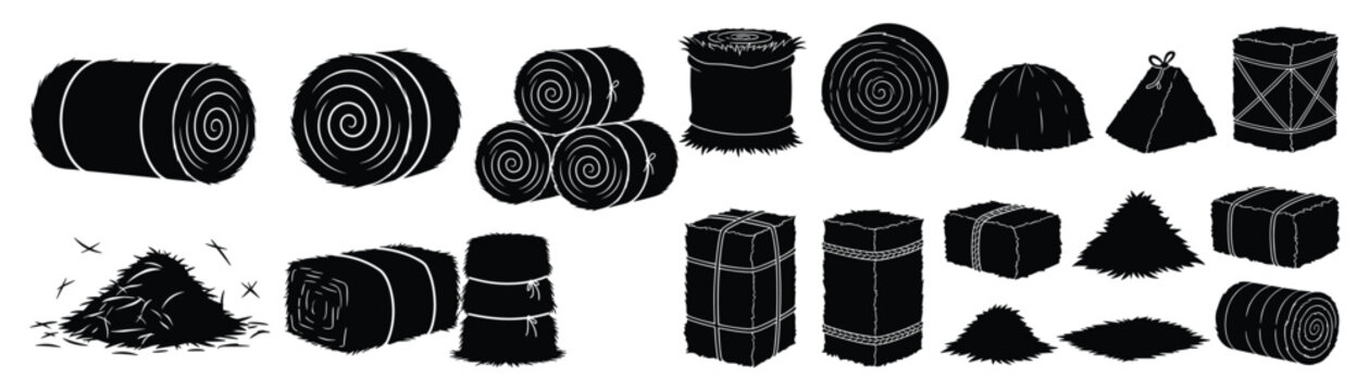 Collection of black silhouette farm hay bales and stacks