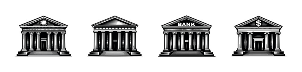 Fototapeta premium Vintage black and white bank building illustrations set in silhouette style