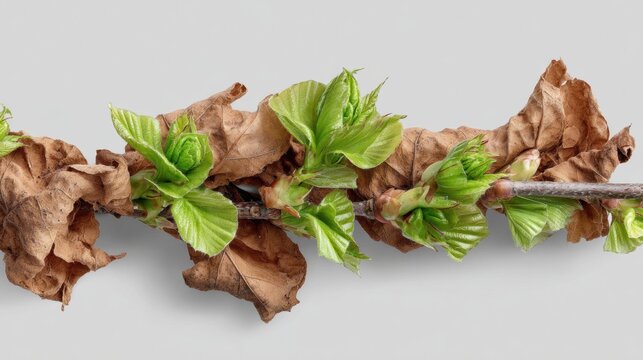 Branch with dried leaves and emerging green buds symbolizing seasonal transition. Natural concept of renewal, regeneration and shift from winter dormancy to fresh spring growth