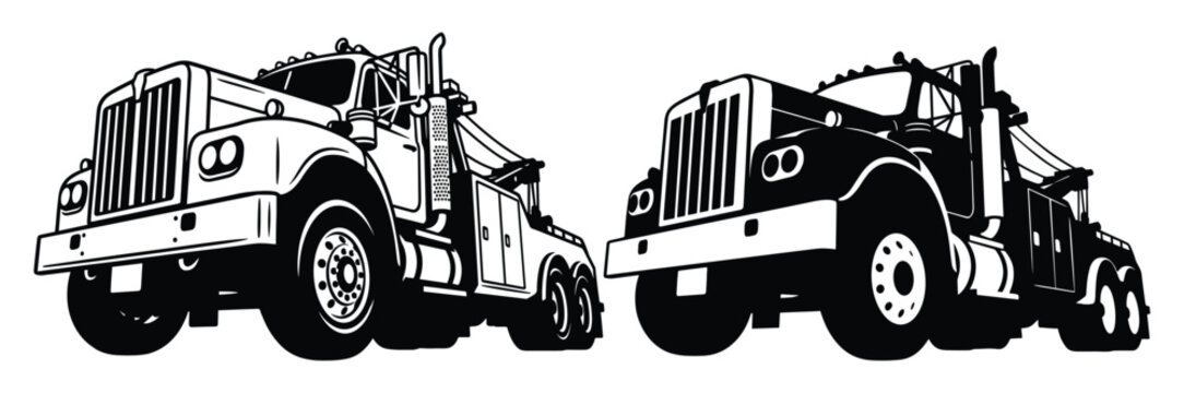 Two heavy duty tow trucks in black and white silhouette style