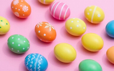Obraz premium Colorful Easter eggs with patterns scattered on a soft pink