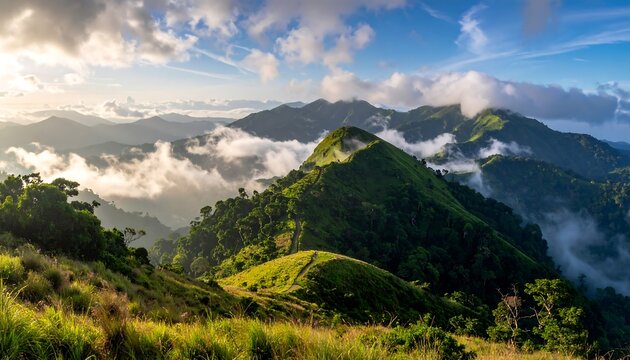 A sweeping vista of verdant mountain ranges, partially shrouded in clouds, bathed in sunlight. A winding trail appears