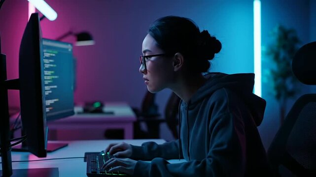 Showcasing the focused Shared Workspace Dynamics, a diligent female programmer codes on her laptop within a vibrant neon-lit contemporary office environment at night.