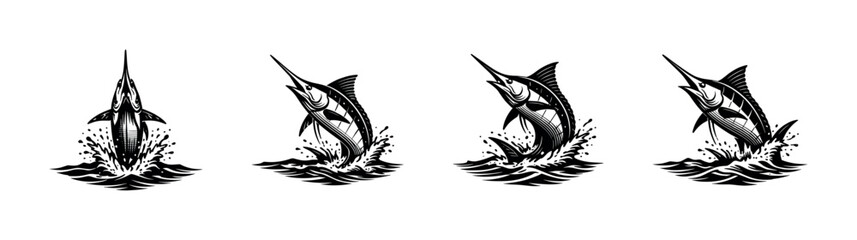 Fototapeta premium Black and white vector illustration of marlin fish silhouette set in dynamic ocean splash