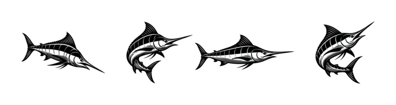 Black and white marlin fish silhouette set illustration vector clipart