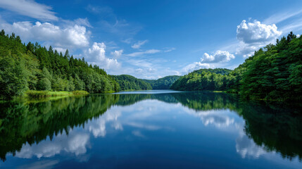 Fototapeta premium A scenic lake surrounded by lush green trees under a bright sky