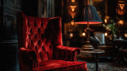 Fototapeta premium A rich red velvet armchair with deep button tufting sits in an opulent vintage interior