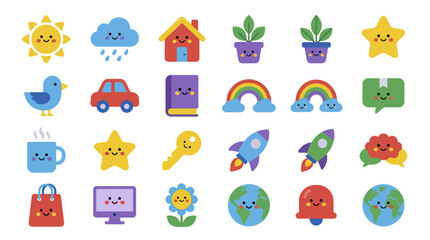 Collection of Cute and Colorful Kawaii Style Icons with Happy Faces.