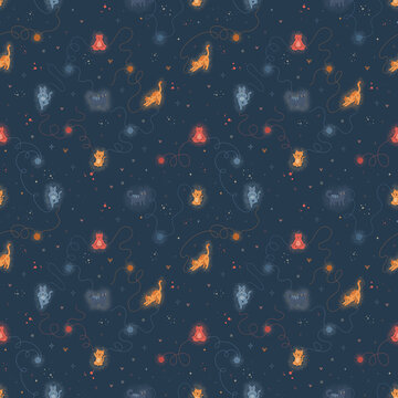 Whimsical seamless fabric design with hand drawn cats scattered on dark starry night background