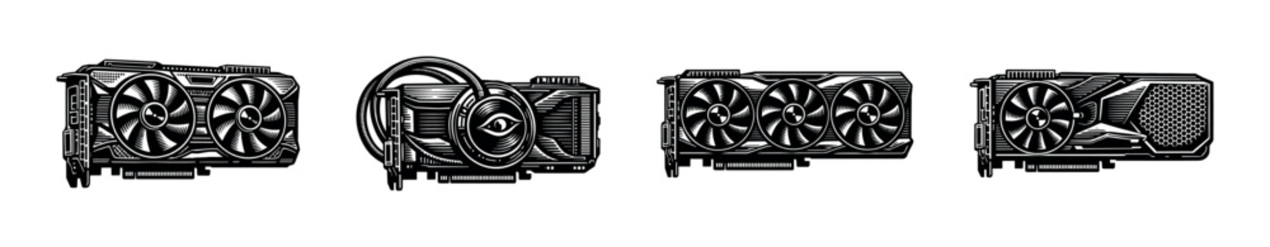 Black and white vector illustration of graphics cards in silhouette style