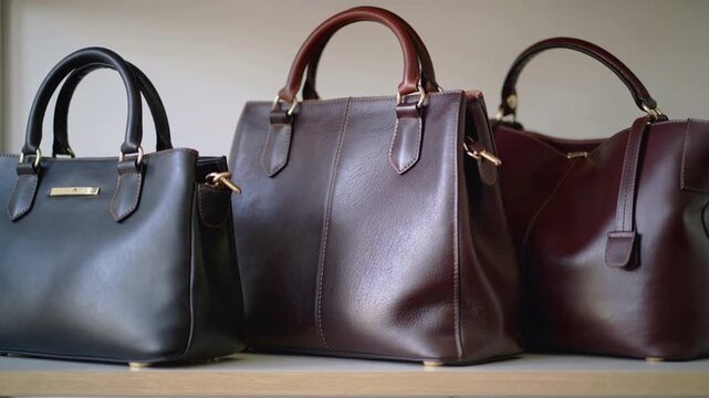 Three elegant leather handbags displayed on a shelf purses fashion