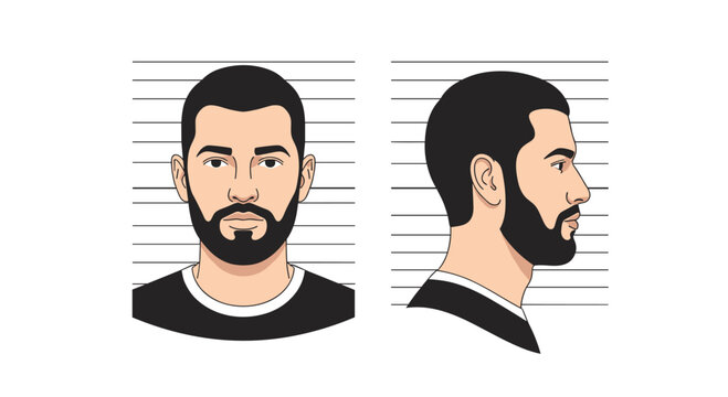 A vector illustration displays a man with dark hair and a beard in both front-facing and profile mugshot poses against a lined white backdrop.
