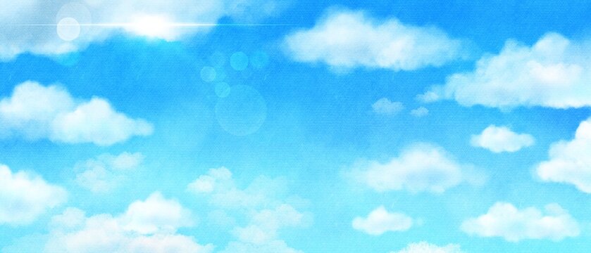 清々しい青空と雲と太陽の光が美しい爽やかな水彩イラスト