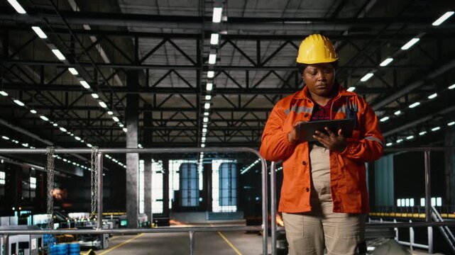 Woman engineer overseeing production on tablet in industry hall, heavy industry machinery guaranteeing the engineering and manufacturing process. Large-scale steel work in facility.