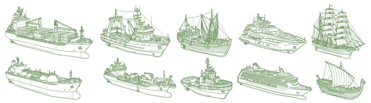 Gemini said
Set of hand drawn green ship and vessel sketches including cargo cruise sailing and tanker boats isolated on white for maritime logistics transportation and nautical graphic design project
