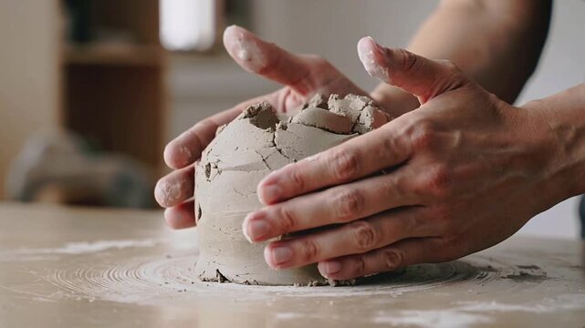 Close-up of hands shaping a lump of wet clay on a pottery wheel ceramic