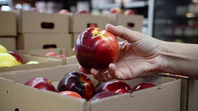 Hand selecting a ripe red apple from a cardboard box in a grocery store Keywords: apple, fruit, red