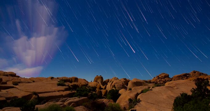 Star Trails Jumbo Rocks Joshua Tree Night Sky Timelapse Panorama 4K