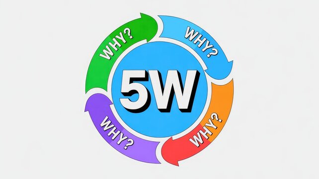 A vibrant colorful 5W analysis diagram for problem solving illustrating a root cause metho