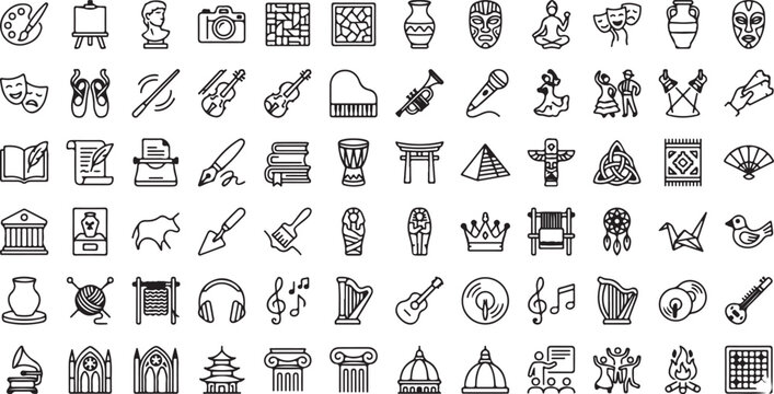 Arts and Cultural Heritage Icon Set - History, Music, and Fine Arts Line Symbols including Archaeology, Theater, and Global Traditions