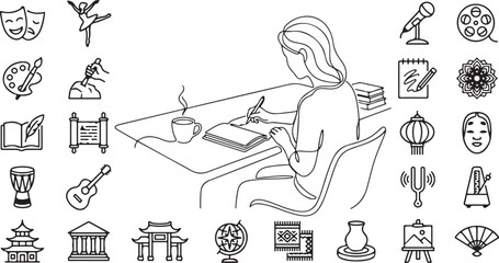 Obraz premium Continuous Line Drawing of a Woman Writing at a Desk Surrounded by Arts, Culture, and Creativity Icons including Music, Painting, Literature, and World Landmarks