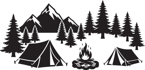 Fototapeta premium Camping in the mountains with tents and campfire silhouette