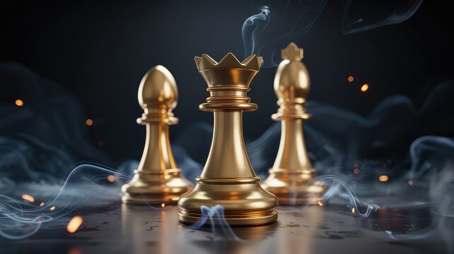 Three shimmering golden chess pieces pawn queen bishop on a dark smoky surface with embers