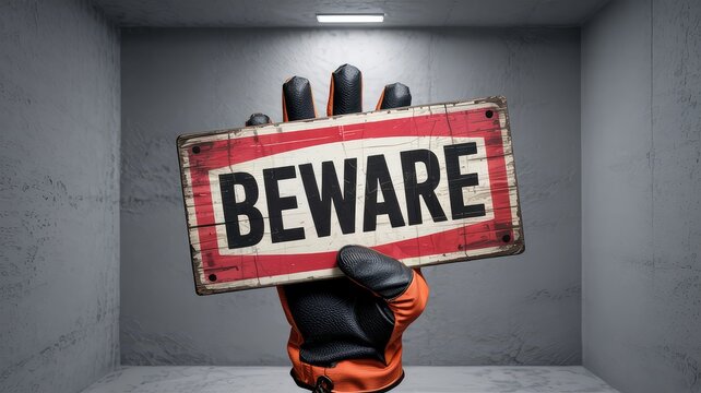 Gloved hand holding up a distressed BEWARE sign in a stark concrete room with fluorescent 