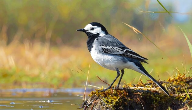 A small bird with striking black and white plumage stands near a body of water in a natural setting. The background is blurred