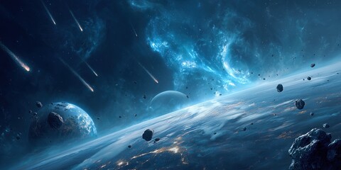 Fototapeta premium the vastness of space, with planets and moons in the background, a blue nebula floating above earth, a group of small meteorites falling from an asteroid Generative AI