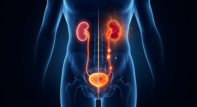 3D medical illustration of the human male urinary system showing kidneys bladder and ureters with glowing red highlights representing pain infection or kidney stones