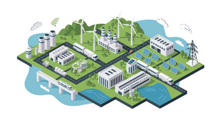Isometric view of a sustainable city with green energy infrastructure. © Faiz