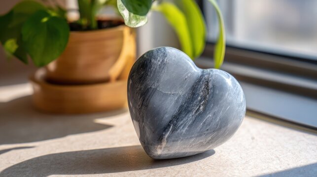 Smooth grey soapstone heart carving resting on a sunlit surface with blurred plant in the background