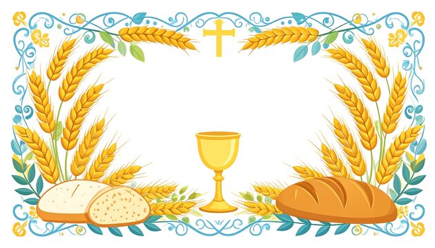 A symmetrical, vibrant cartoon illustration with wheat stalks, bread, a chalice, and a gold cross
