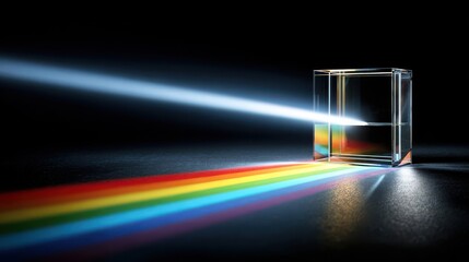 A beam of white light passing through a glass prism disperses into a vibrant spectrum of colors, showcasing the phenomenon of refraction and optical science.