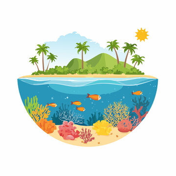 Vector illustration of a fringing reef adjacent to a coastline and island, showing coral growth near the shore in a tropical ocean ecosystem.