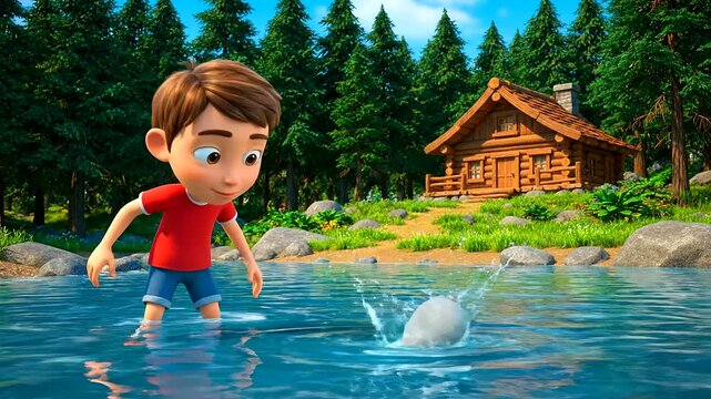 A charming animated boy enjoying cheerful kids summer adventures, expertly engaging in river rock skipping on a bright day by a serene forest lake.