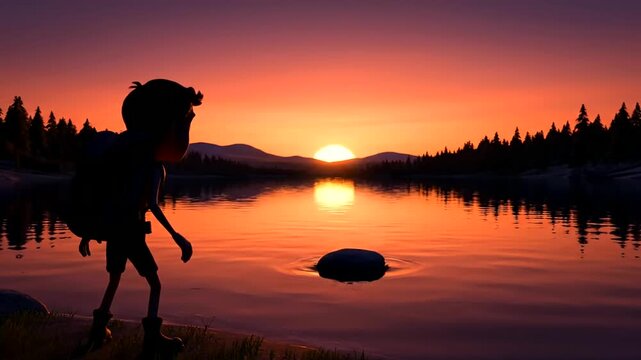 An animated character experiences Kids Summer Adventures, engaging in the timeless joy of River Rock Skipping across a tranquil lake during a breathtaking golden hour sunset.