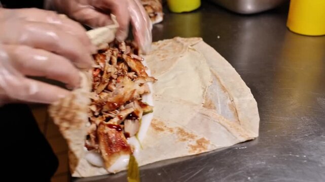 Chef Wrapping Fresh Chicken Shawarma Wrap in Restaurant Kitchen
