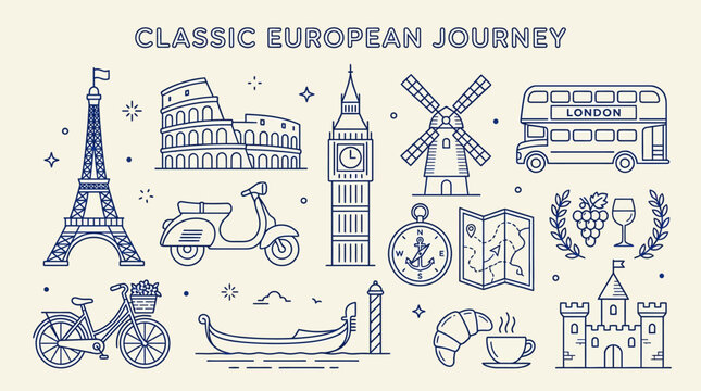 Classic European Journey Collection of Iconic Landmarks and Travel Symbols.